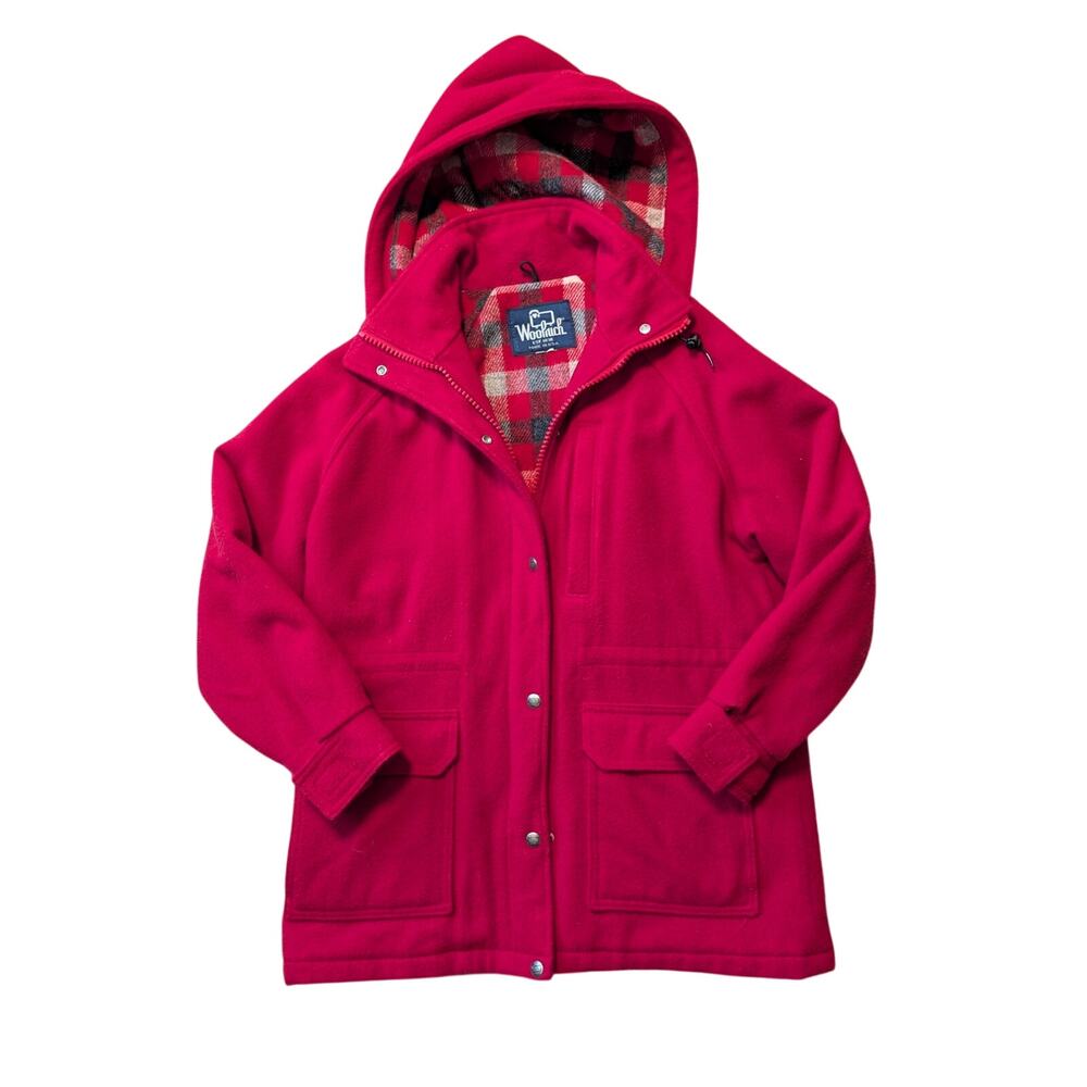 Woolrich Women’s Red Wool Blend Plaid Lined Zip Hooded Parka Coat Jacket S/M